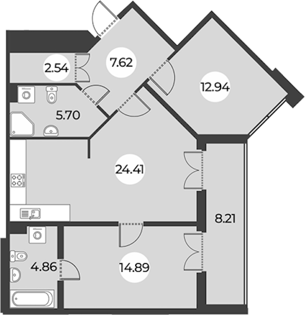 2-комнатная квартира 74.53 м², 3/24 эт., ЖК «Огни Залива»